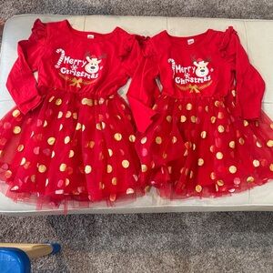 Red Christmas Dress with Gold Polka Dots- set of 2 (twins)